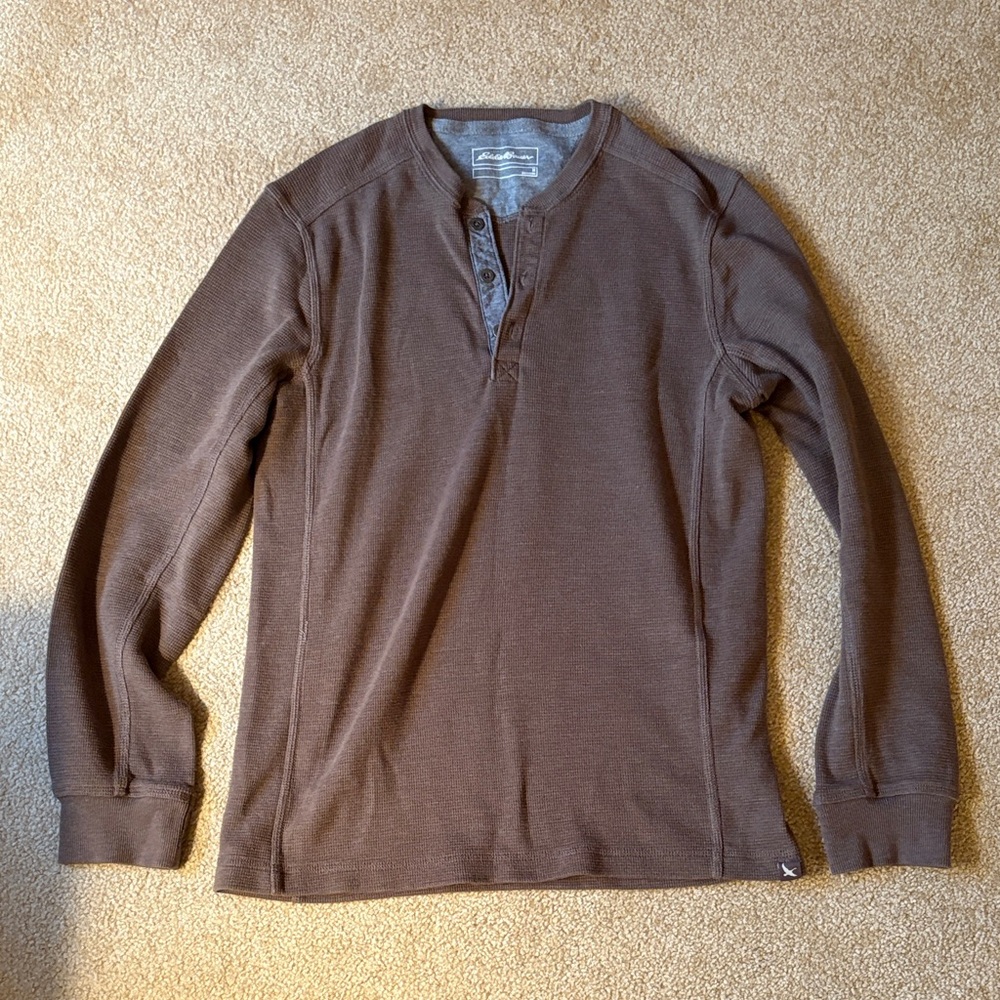 Eddie Bauer Brown Long Sleeve Shirt medium Henley men’s top buttons